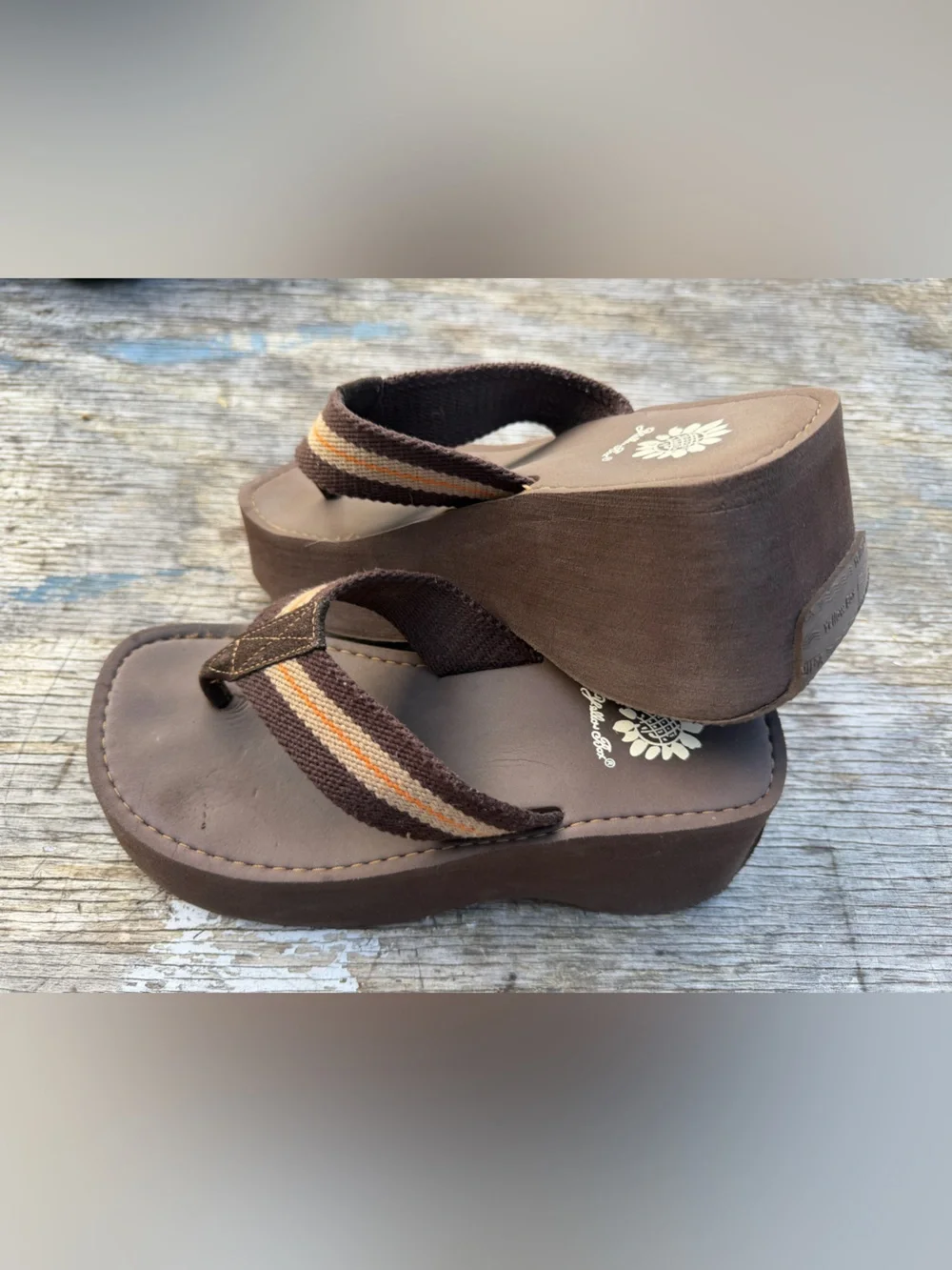 Yellow Box Brown Platform Flip Flop Sandals with Cream and Tan Stripes